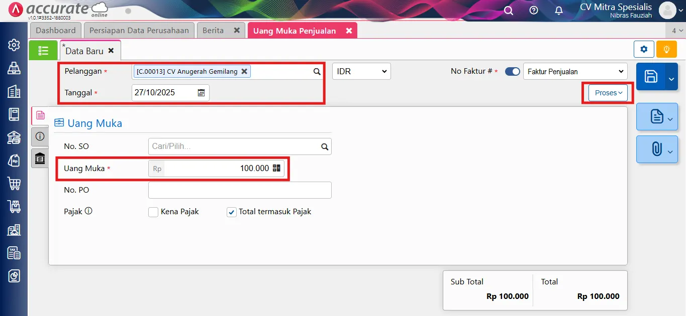 Mencatat uang muka penjualan sebagian